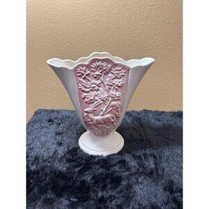 Vintage Hull Fan Vase #50 White Maroon Gazelle Deer  Scalloped Top